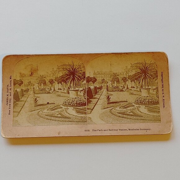 ANTIQUE STEREOGRAPH CARD Park and Railway Station Manheim Germany 1903 - Picture 1 of 4